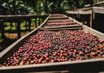 Fototapeta premium Coffee beans drying on wooden racks in sunlit outdoor plantation