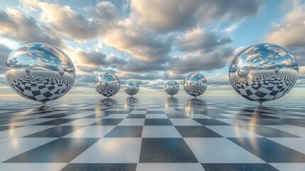Floating spheres on a checkerboard sky