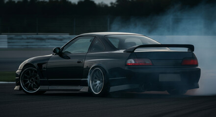 Fototapeta premium Black sports car drifting on racetrack with smoke trail at sunset