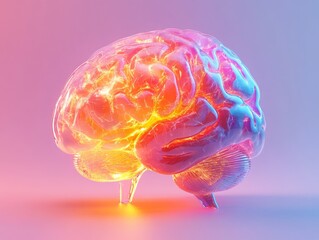 Glowing Brain Render: A 3D Visualization of Neural Activity and Intelligence Displayed in Vibrant Pink, Blue and Orange Tones