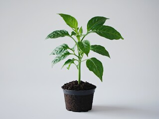 Fototapeta premium Young vibrant plant flourishes in a pot against a soft white background
