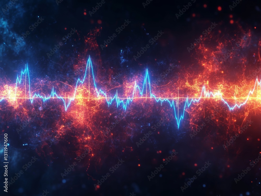 Poster vibrant energy wave visual: a digital rendering of sound frequency, pulsating with dynamic blue peak