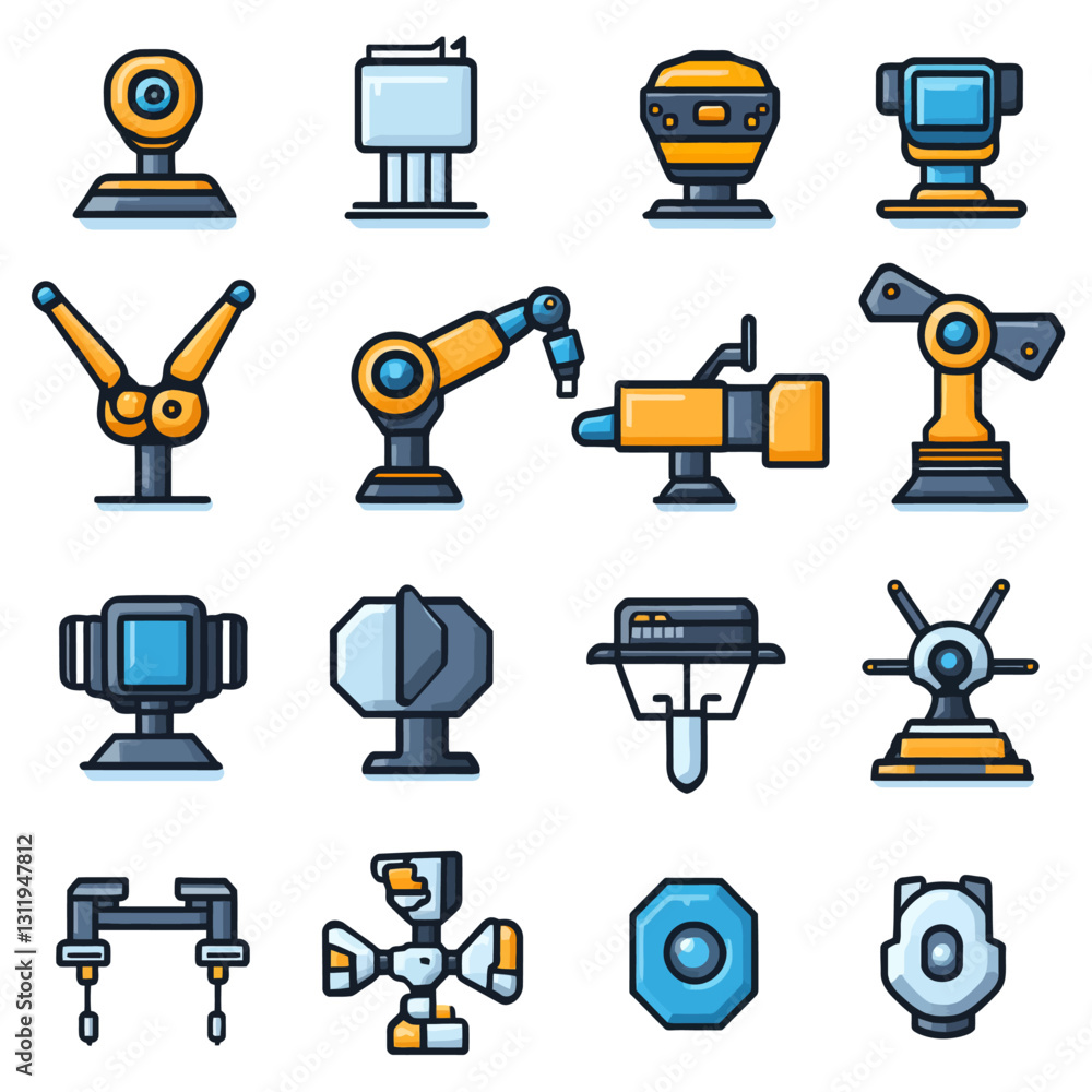 Poster robotic arms and automation icons displaying advanced industrial technology