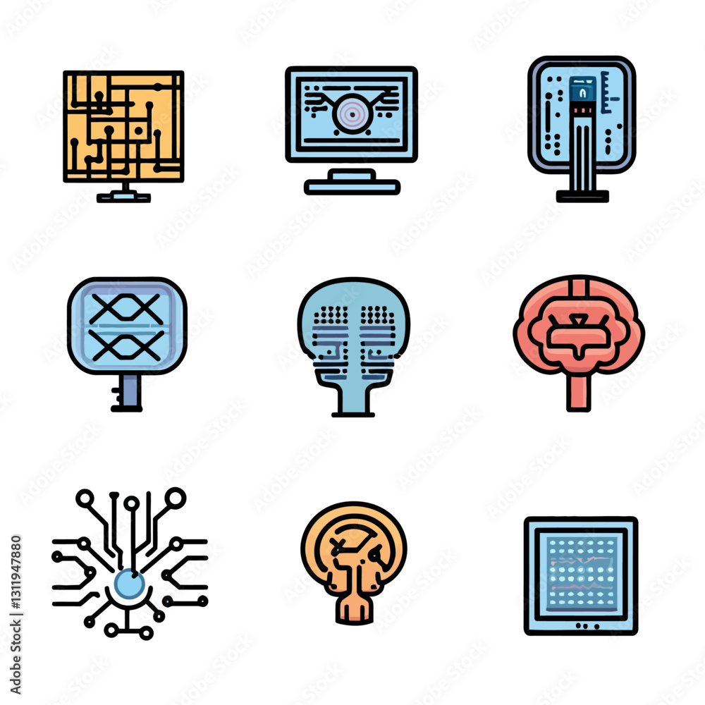 Poster ai technology icons showcase digital brains and circuit board monitors