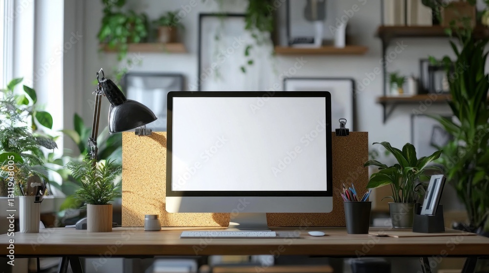 Poster a tranquil workspace features a blank sheet of paper clipped on a desk, surrounded by lush plants. s
