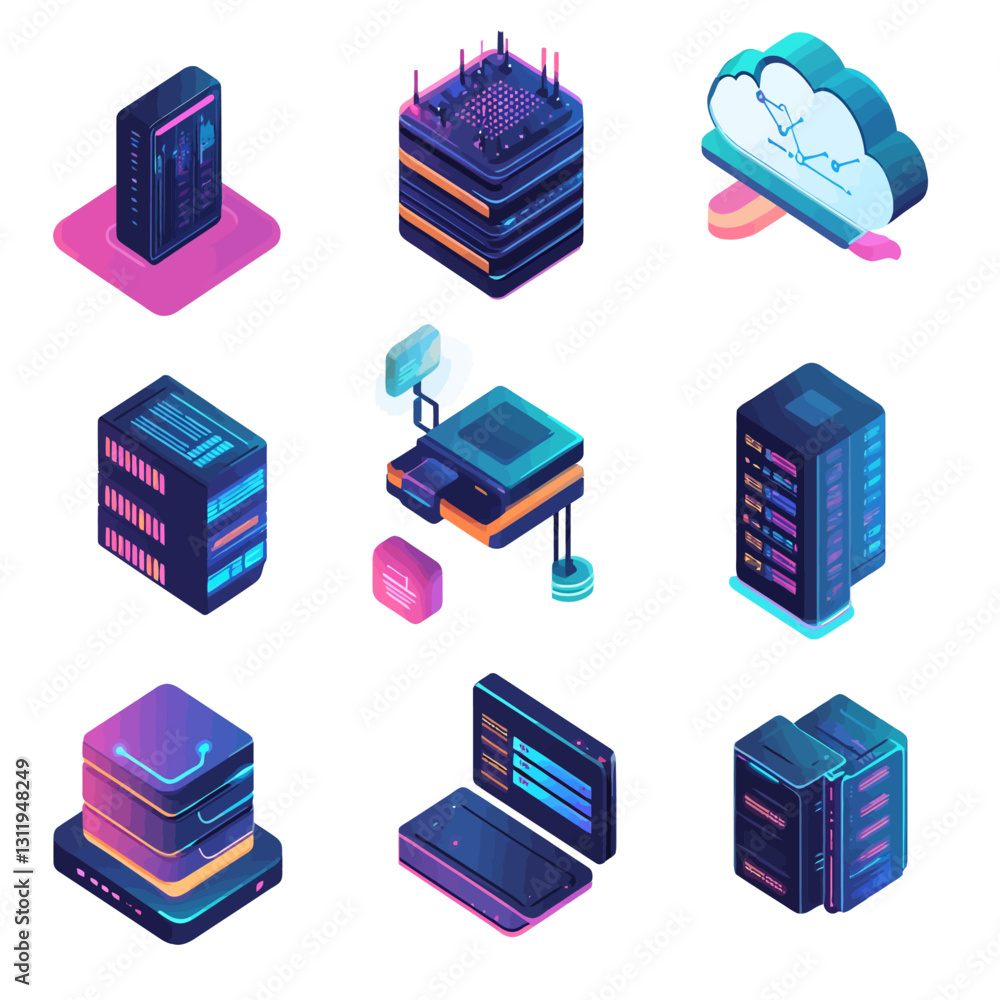 Poster isometric server data network and cloud computing technology illustration