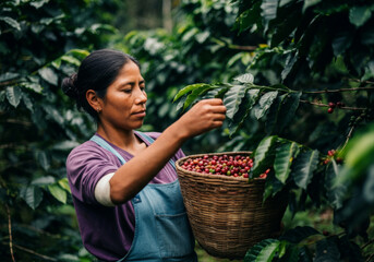 Indigenous woman harvesting ripe coffee berries in lush plantation