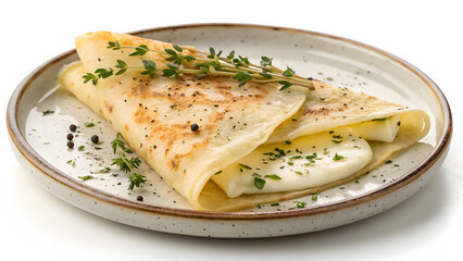 folded savory pancake filled with melted brie and garnished with fresh herbs. Pancake Shrove Tuesday Syrup Toppings Butter