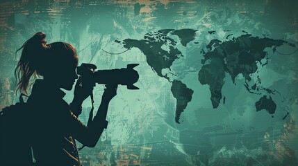 World Photography Day celebration with a world map background and a photographer capturing a photo. Social media and Instagram banner design.
