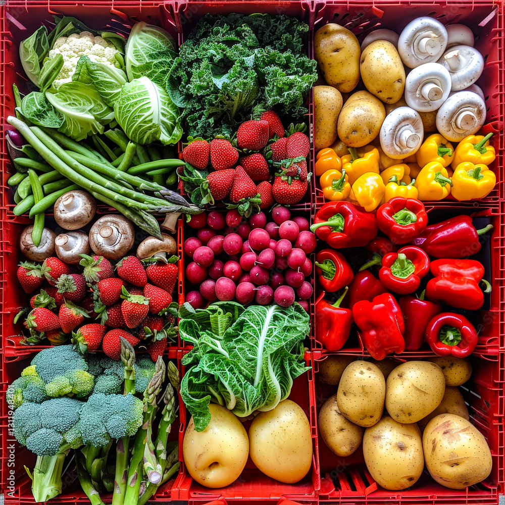 Poster A vibrant assortment of fresh vegetables and fruits is neatly arranged in crates at a local market, showcasing a variety of colors and textures