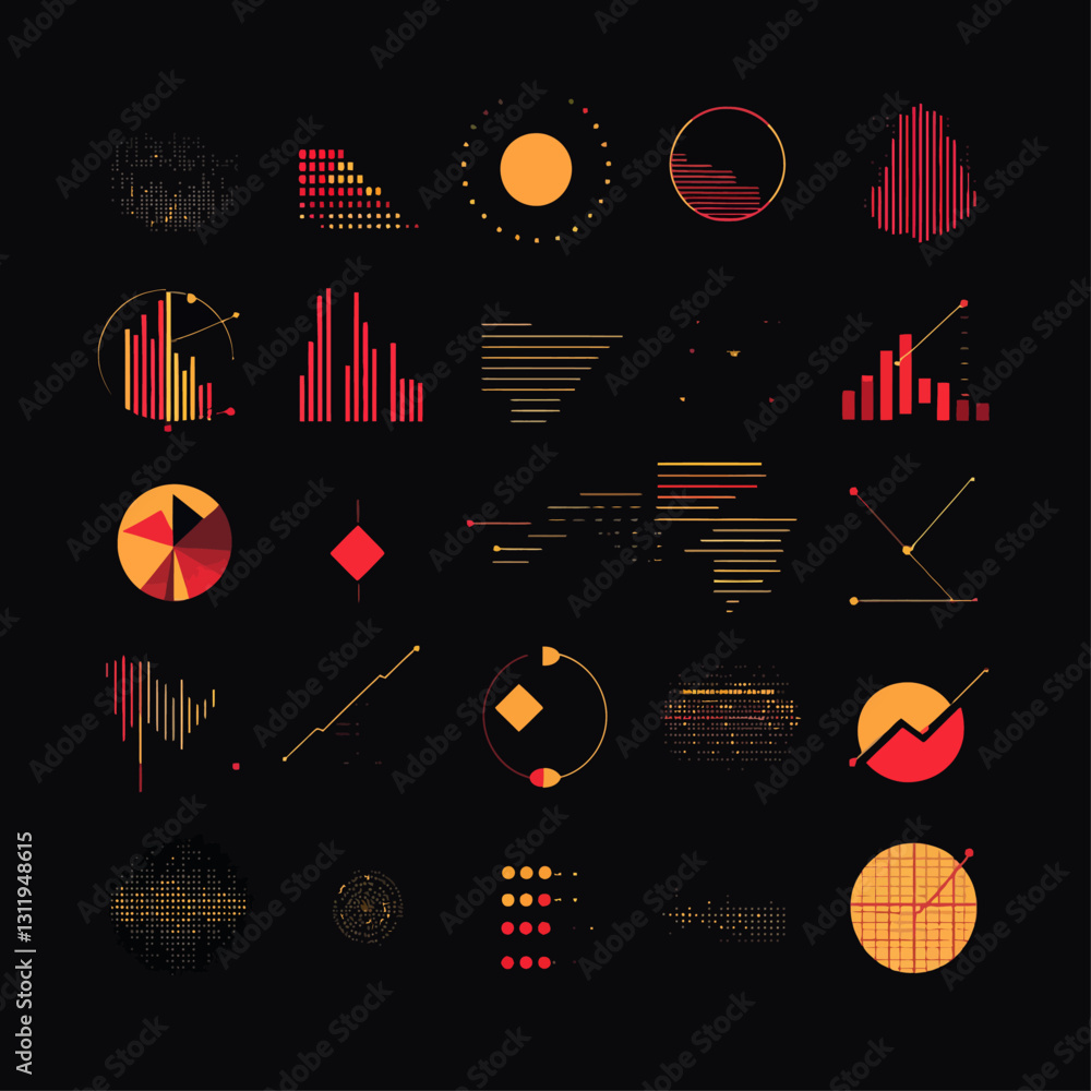 Poster abstract red and yellow data visualization graphics on black background