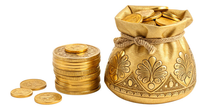 Gold money bag with stacked coins isolated on white background