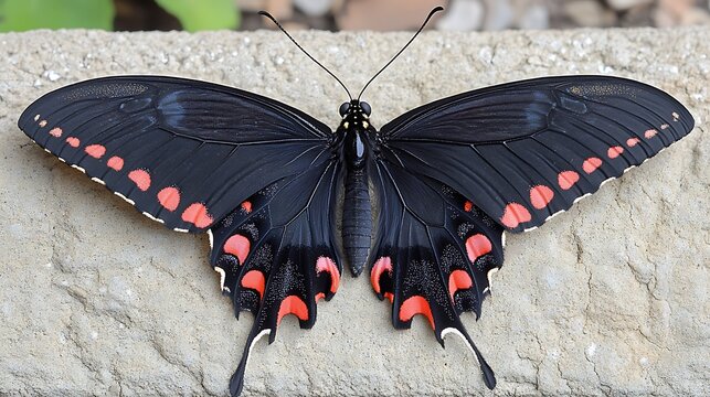 Black butterfly with red spots on its wings, resting on a stone surface.