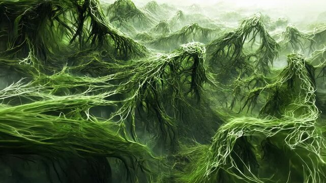 Intricate green patterns in a mystical landscape resembling tangled vines and roots during foggy twilight