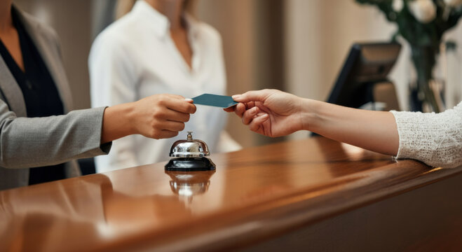 Guest hands card to receptionist at hotel check-in desk