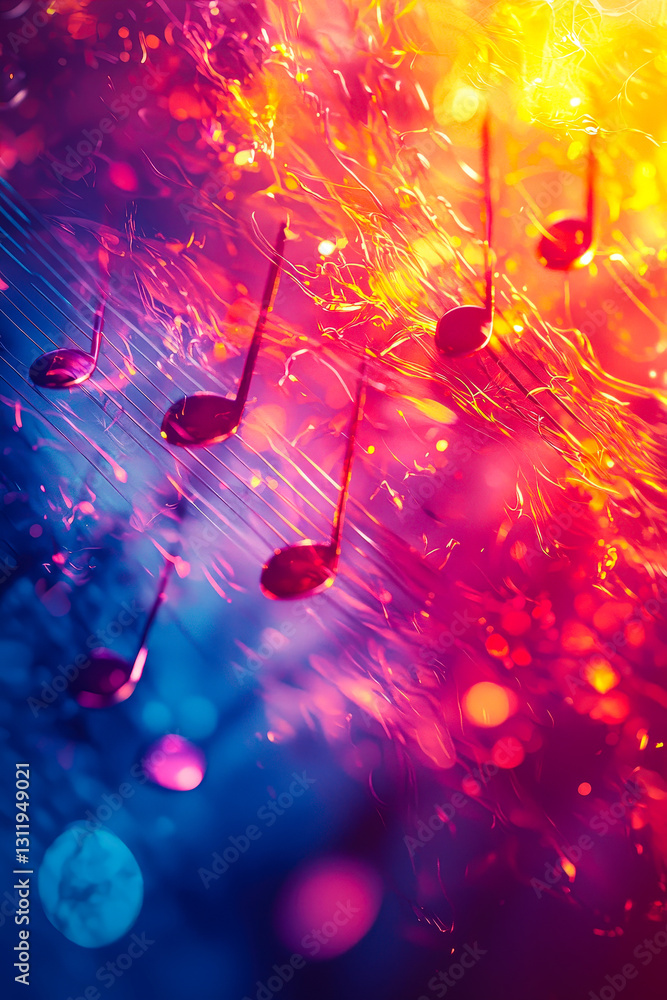 Aufkleber Colorful musical notes cascade through an abstract background filled with bright hues, capturing a sense of movement and rhythm in a visually striking way