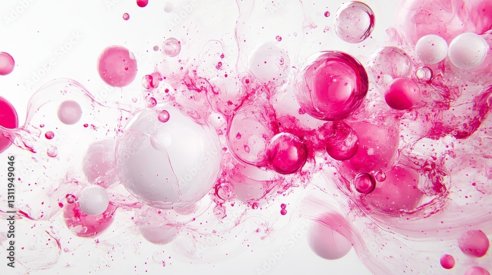 Poster vibrant pink and white bubbles floating in a liquid, creating a fluid, abstract composition. ideal f