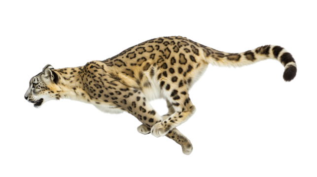 A snow leopard is running isolated on white or transparent background, png clipart
