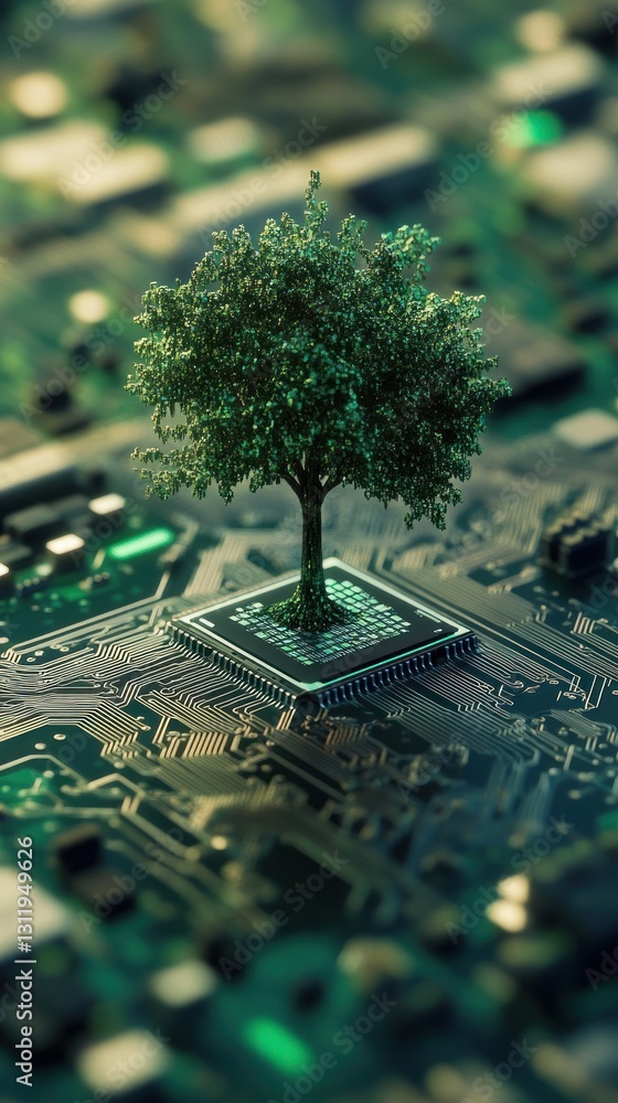 Poster green tree growing on a computer chip amidst circuitry