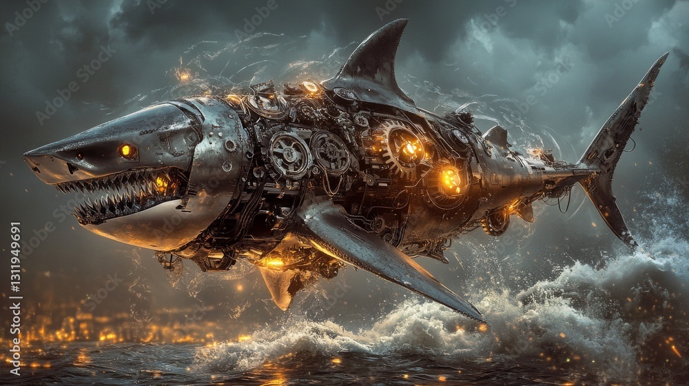 Poster dramatic scene of a mechanical shark illuminated with glowing orange details, navigating through sto