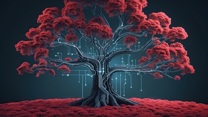 A vibrant red tree stands against a dark background, its roots connected to a digitally stylized terrain, creating a striking contrast