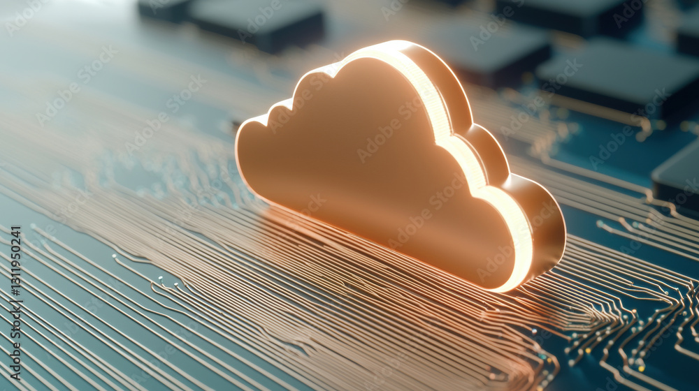 Poster a glowing cloud icon set against a textured background, symbolizing digital technology and cloud com