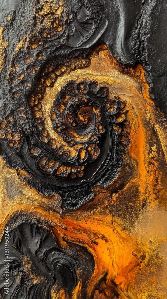 Poster close-up of an abstract texture featuring intricate black and gold swirls with metallic highlights. 