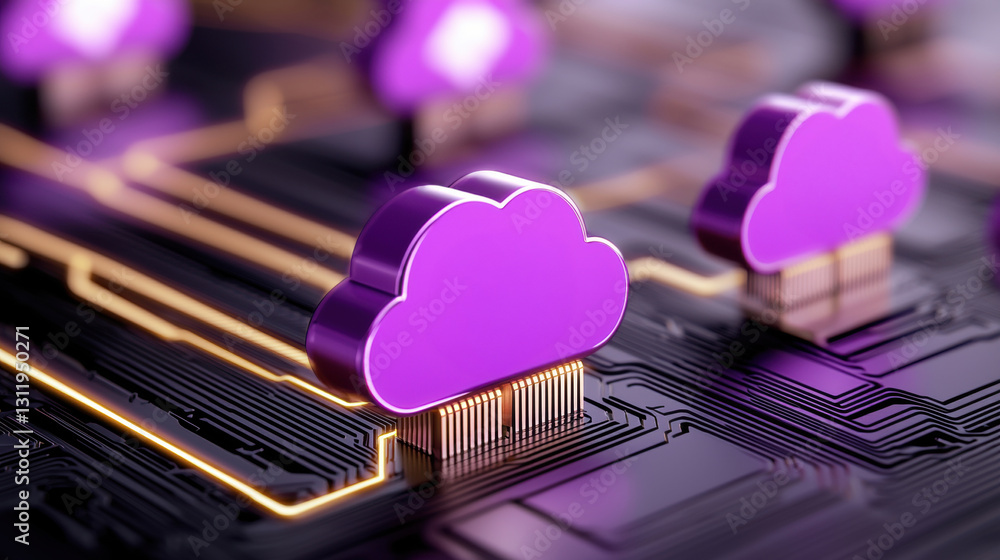 Poster a vibrant digital representation of cloud computing, featuring purple cloud icons connected by glowi