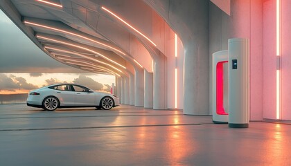 Electric Vehicle Charging Station with Modern Car at Futuristic Sunset Parking