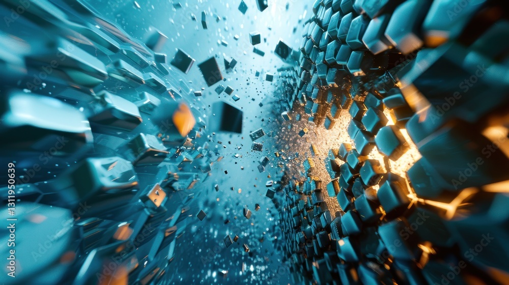 Poster hexagonal tiles float apart in a surreal glow, captivating in their enchanting display against a dig