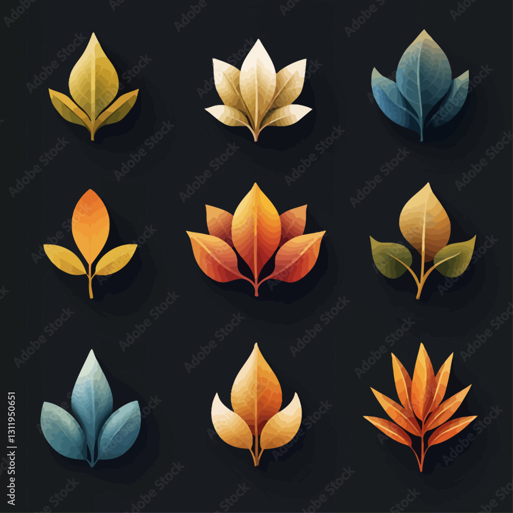 Poster elegant leaf icons set with gradient colors on dark background - vector