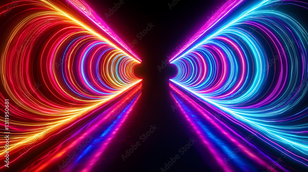 Poster glowing neon tunnel rotating creating colorful light trails background