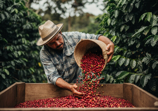 Farmer harvesting ripe coffee cherries on plantation with straw hat and wooden crate
