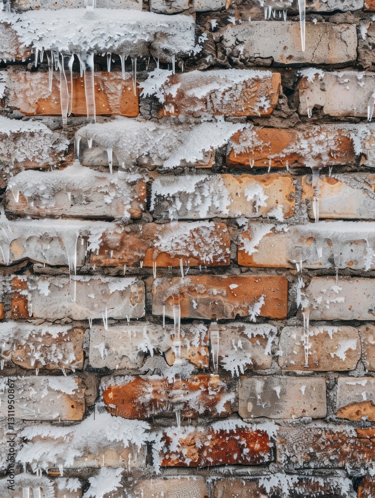 Aufkleber frost clings to a brick wall, creating a delicate display of icicles and intricate textures in soft 