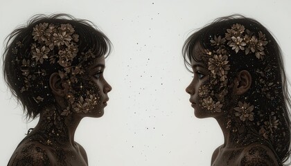 Fototapeta premium Children with floral faces artistic portrait studio surreal environment frontal view imagination