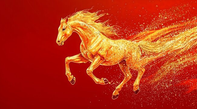 Golden horse running with fiery trail on red background