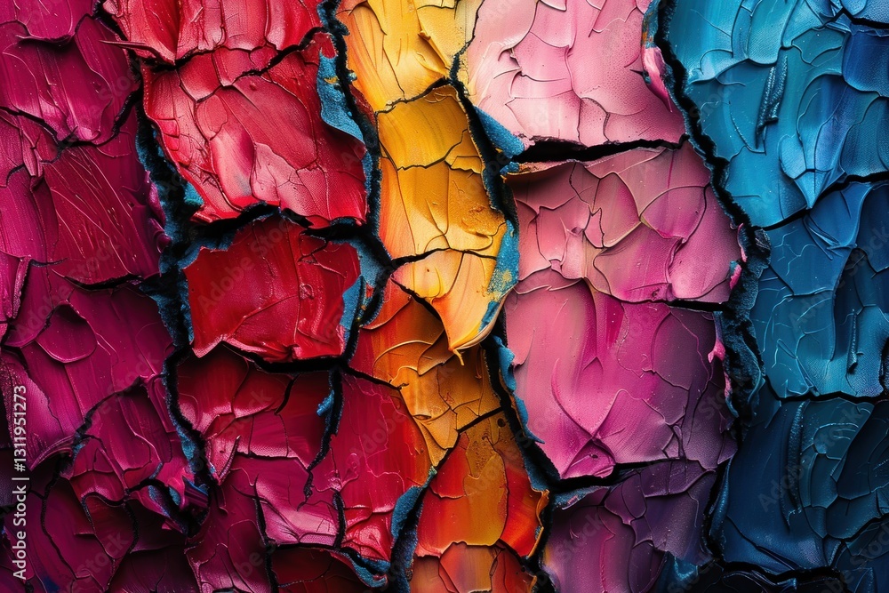 Poster colors blend into each other, creating a vibrant and expressive cracked surface that feels fluid and