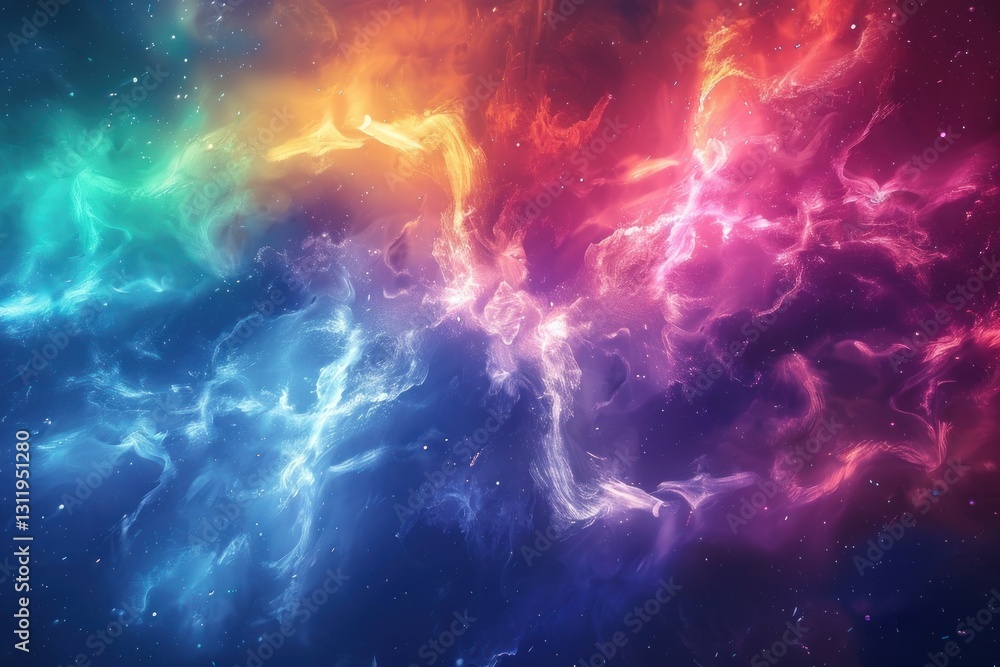 Poster gaseous clouds blend vibrant rainbow hues in a fluid motion, creating a mesmerizing cosmic display