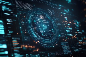 Futuristic Technological Interface Digital Data Display Screen Showing Complex Algorithms and Network Connections