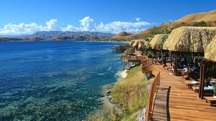 Naklejka premium Tropical resort overlooking turquoise water, thatched roofs, and mountains