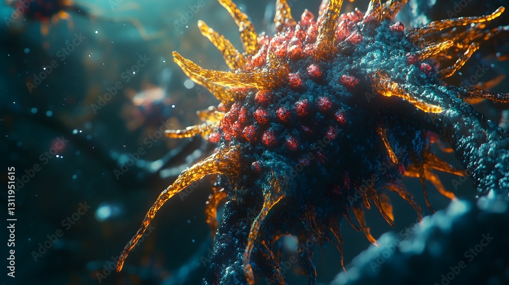 Poster a 3d rendering of a virus under a microscope with detailed textures, symbolizing science and microbi