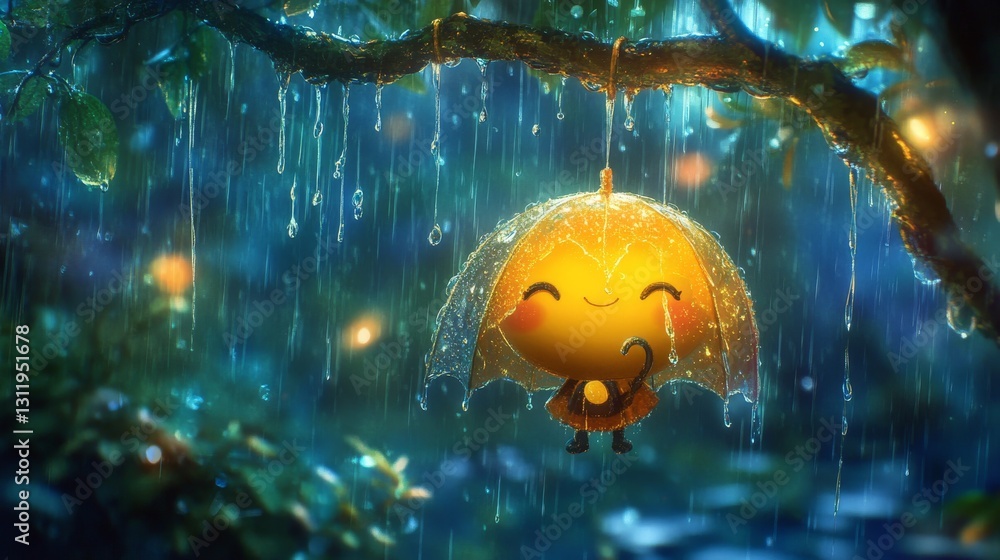 Poster bright yellow umbrella with a happy expression dangling from a branch in an enchanting forest during