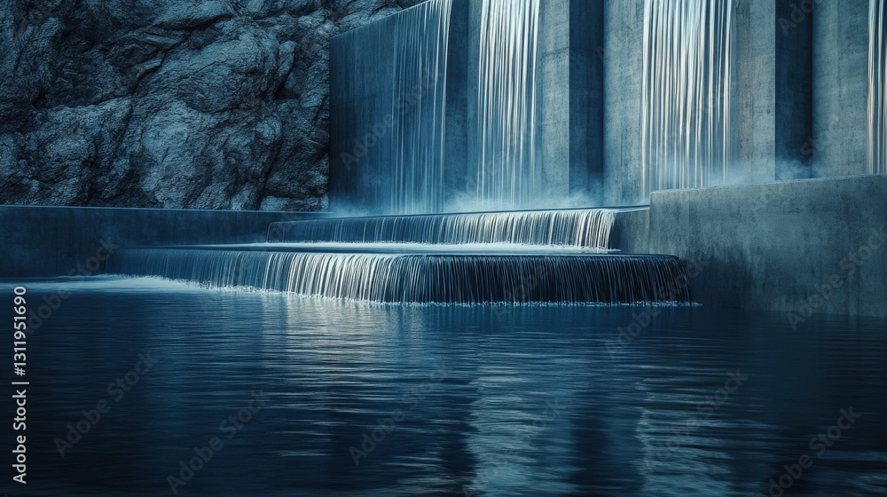 Poster serene water cascading down a concrete structure, reflecting light in a tranquil setting