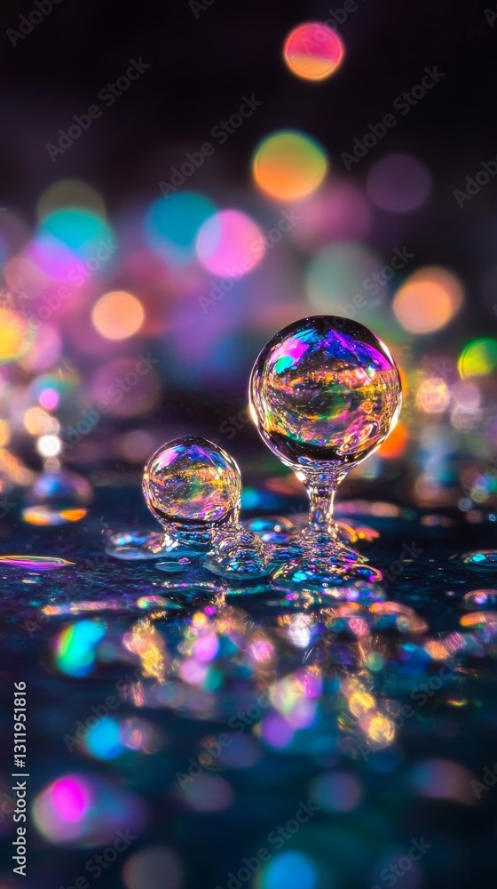 Poster artistic close-up of two reflective water bubbles surrounded by vibrant light bokeh. the colorful an