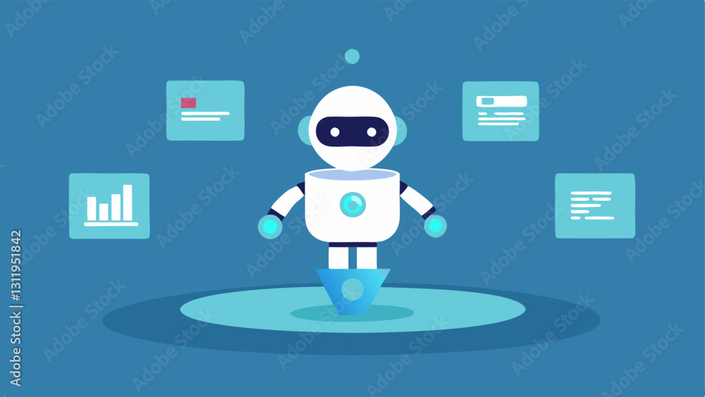 Poster virtual assistant a robot floating above the aisles projecting a holographic display with realtime d