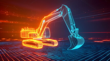 Excavator hologram emerging from digital grid surface