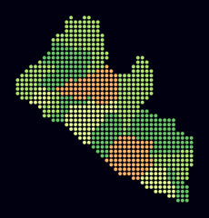 Obraz premium Liberia dotted map. Digital style map of the country on a dark background. Liberia shape with circle dots. Colored dots style. Large size circles. Abstract vector illustration.