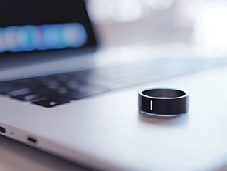 Sleek smart ring resting on a modern laptop, technology and wellness
