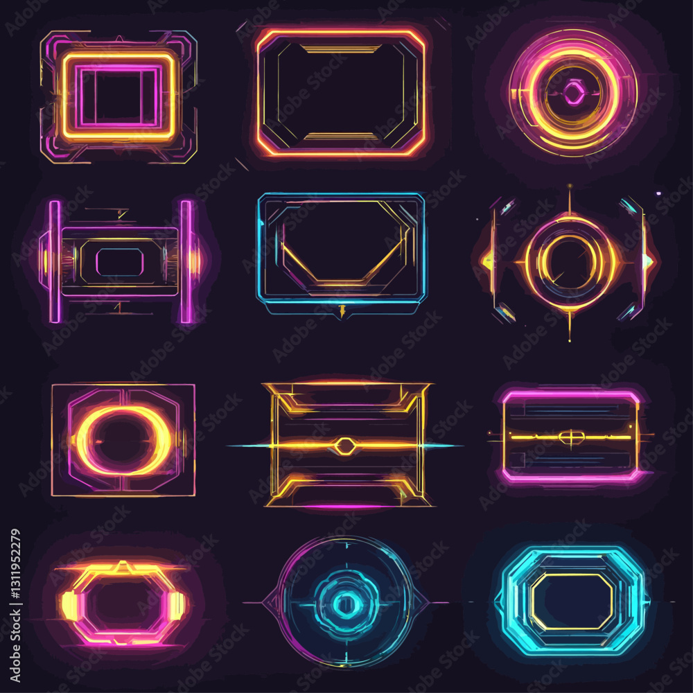 Aufkleber futuristic glowing neon frames and elements for technology interface design