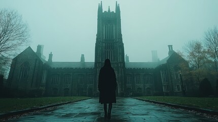 Foggy, gothic campus silhouette